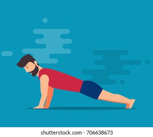 Exercises on the chest. Squeezing from the floor. Flat design. A bearded man in a gym. Isolated vector illustration on a blue background background.