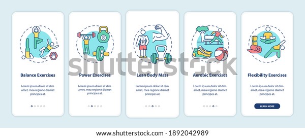 Exercises onboarding mobile app page screen\
with concepts. Fitness training. Aerobics workout. Physical health\
walkthrough 5 steps graphic instructions. UI vector template with\
RGB color\
illustrations