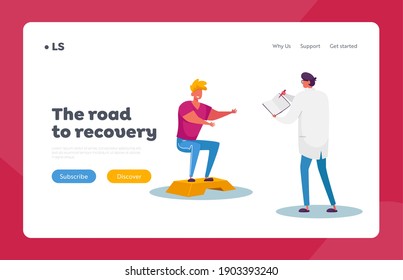 Exercises, Physiotherapy Procedures Landing Page Template. Rehabilitating Physical Activity, Rehabilitation. Therapist Doctor Character Work with Disabled Patient. Cartoon People Vector Illustration