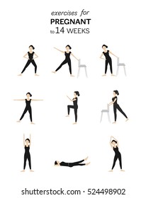 Exercises for pregnant  women set. Exercises for pregnant to 14 weeks. Exercises for pregnant women in early pregnancy. Vector illustration. isolated.