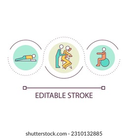 Icono de concepto de ejercicios para bucle de rehabilitación. Ejercicios de terapia física. Los pacientes recuperan la idea abstracta de la ilustración de la línea delgada. Dibujo de contorno aislado. Trazo editable. Tipo de letra arial utilizado