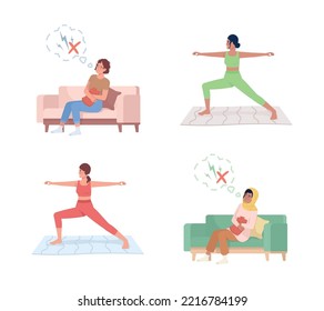 Exercises to relieve menstrual pain flat color vector characters set. Editable figures. Full body people on white. Simple cartoon style illustrations for web graphic design and animation pack