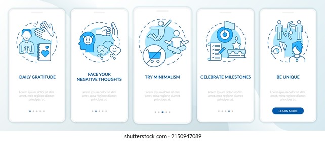 Exercises for self appreciation blue onboarding mobile app screen. Walkthrough 5 steps graphic instructions pages with linear concepts. UI, UX, GUI template. Myriad Pro-Bold, Regular fonts used