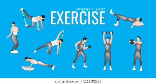 Exercises. slim woman in costume doing fitness workout. Active and healthy life concept. vector illustration. on blue background. icons of girl doing sport