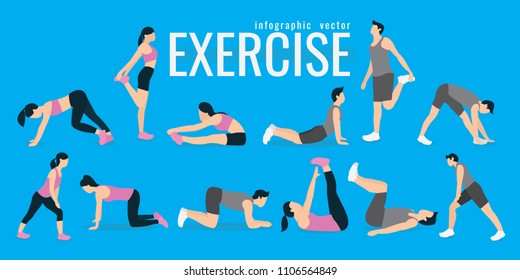 Exercises. slim woman and man in costume doing fitness workout. Active and healthy life concept. vector illustration. on blue background. icons of girl doing sport