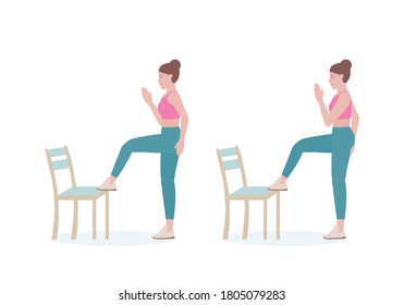 Exercises That Can Be Done At-home Using A Sturdy Chair.
Woman Quickly Alternate Lifting Her Knees High To Lightly Tap The Seat With Her Toes With Toe Taps Posture. Illustration In Cartoon Style.