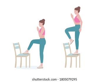 Exercises that can be done at-home using a sturdy chair.
stepping onto the bench with your right foot. without putting your weight onto your left foot with Step up posture.  Vector Illustration