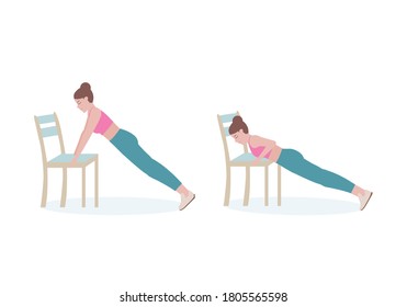 Exercises that can be done at-home using a sturdy chair.
Woman quickly alternate lifting her knees high to lightly tap the seat with her toes with Push-up posture. Illustration in cartoon style.