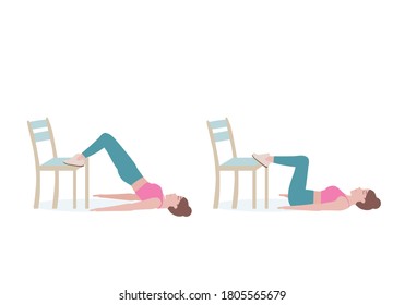 Exercises that can be done at-home using a sturdy chair.
with Hip Thrust posture. Isolated vector illustration in cartoon style.