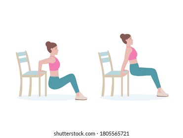 Exercises that can be done at-home using a sturdy chair.
Lower yourself until your elbows are bent between 45 and 90 degrees. with Dips posture. vector illustration in cartoon style.