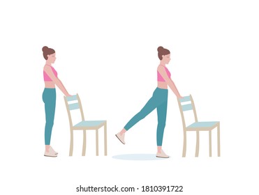 Exercises that can be done at-home using a sturdy chair.
with Back Kicks posture. Illustration in cartoon style.
