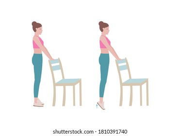 Exercises That Can Be Done At-home Using A Sturdy Chair.
Stand On A Step So Your Heel Can Drop Lower Than The Rest Of Your Foot At The Bottom Of The Movement. With Calf Raises Posture. Cartoon Style.