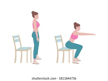 Exercises that can be done at-home using a sturdy chair.
Extend arms in front and level with the shoulders. Slowing bending at the hips and lower down to sit on the chair. with Chair Squats posture. 