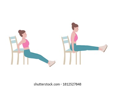 Exercises that can be done at-home using a sturdy chair.
Legs up until they are parallel with the ground. You need to keep legs as straight as possible. with Leg-Raise posture. Cartoon style.