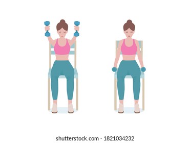 Exercises that can be done at-home using a sturdy chair.
With dumbbells, Keeping the arms straight and the palms in their facing positions, continue to move the arms up in front of the body. 