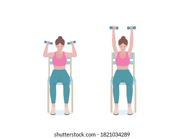 Exercises that can be done at-home using a sturdy chair.
With dumbbells, Extend the arms up, reaching above the head until they’re fully extended. with Seated Shoulder Press posture. cartoon style.