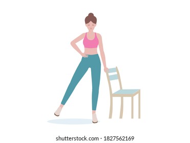 Exercises that can be done at-home using a sturdy chair.
Stand adjacent to a chair  Lift one leg and keep the other and hold it in that position for 5-10 seconds with Side Leg Raise. Cartoon style.