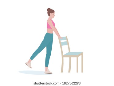 Exercises that can be done at-home using a sturdy chair. woman in pink shirt and a blue Long legs. with Back Kicks posture.  Fitness and health concepts. Vector illustration in cartoon style.