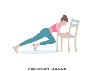 Exercises that can be done at-home using a sturdy chair. woman in pink shirt and a blue Long legs. with Plank Knee Cross posture.  Fitness and health concepts. Vector illustration in cartoon style.