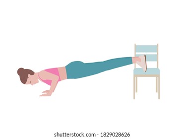 Exercises that can be done at-home using a sturdy chair.
Inhale as you slowly bend your elbows and lower yourself until your elbows are at a 90-degree angle. with Push-up posture. Cartoon style.
