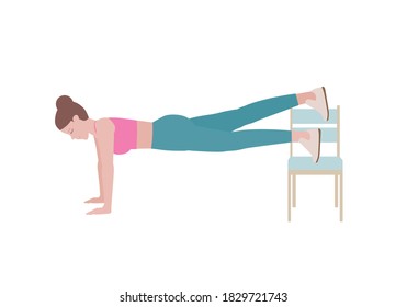 Exercises that can be done at-home using a sturdy chair.
Woman doing exercises.  Step by step instruction for doing Plank leg raises in 2 steps on blue mat. Fitness and health concepts.