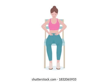 Exercises that can be done at-home using a sturdy chair.
place your hands on your waist. Take a deep breath in through the nose, then exhale slowly.  with BREATHING posture. Cartoon style.
