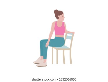 Exercises that can be done at-home using a sturdy chair.
An exhale, float the arms back down to your sides a twist as you exhale.  with SUN SALUTATIONS WITH TWISTS posture. Cartoon style.
