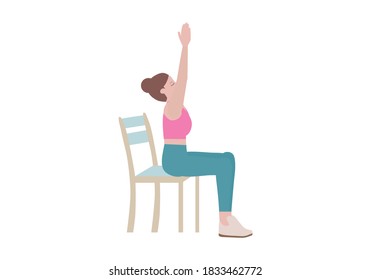 Exercises that can be done using a sturdy chair.
Breathe in and lift your arms up, pressing your palms overhead. On an exhale, float the arms back down to your sides. with Sun Salutation Arms posture.