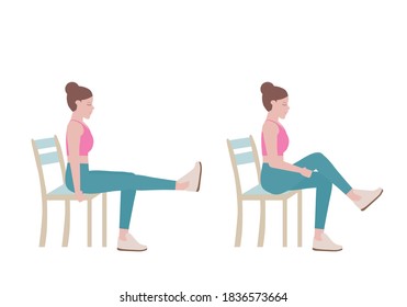 Exercises that can be done using a sturdy chair. Woman doing exercises. Step by step instruction for doing  Yoga Leg Sequence. Fitness and health concepts.