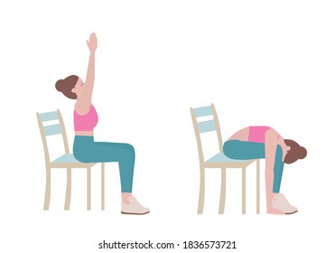 Exercises that can be done using a sturdy chair.
Breathe in and lift your arms up, pressing your palms overhead. On an exhale, float the arms back down to your sides. with Sun Salutation Arms posture.