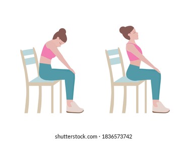 Exercises that can be done using a sturdy chair. for doing  Cat Cow Stretch. warm up sequence, a relaxation sequence, or as an exercise to prevent back pain. Fitness and health concepts.
