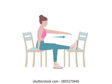 Exercises that can be done at-home using a sturdy chair.
Extend arms forward at shoulder level,While seated, extend your leg so that it rests on the other chair. with Horizontal Straight-Leg Raise.