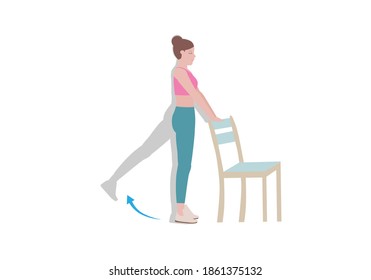 Exercises that can be done at-home using a sturdy chair.
with Back Kicks posture. Illustration in cartoon style.