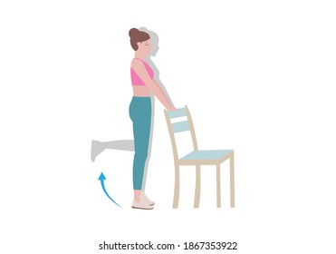 Exercises that can be done at-home using a sturdy chair collection. Standing-Leg Curl posture. Illustration of woman in cartoon style.