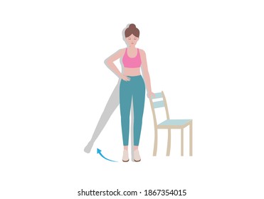 Übungen, die zu Hause mit einer robusten Stuhlsammlung durchgeführt werden können. Frauen stehen neben einem Stuhl und heben ein Bein und halten das andere und halten es 5-10 Sekunden in dieser Position bei Side Leg Raise. Cartoon-Stil.