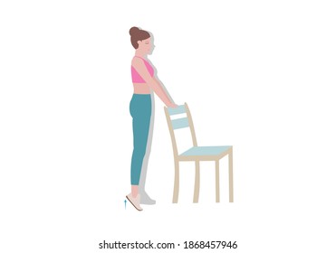 Exercises that can be done at-home using a sturdy chair.
Stand on a step so your heel can drop lower than the rest of your foot at the bottom of the movement. with Calf raises posture. Cartoon style.