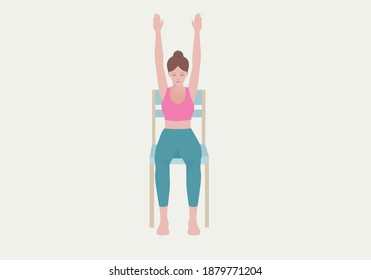 Exercises that can be done at-home using a sturdy chair.
Your feet flat on the ground, look up, take your arms straight up to the sky, and touch your palms together. with Extended Mountain Pose.