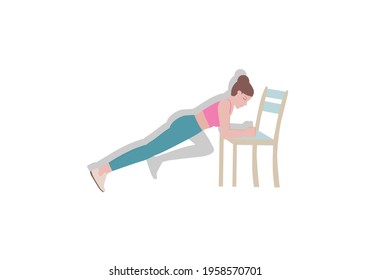 Exercises that can be done at-home using a sturdy chair. woman in pink shirt and a blue Long legs. with Plank Knee Cross posture.  Fitness and health concepts. Vector illustration in cartoon style.