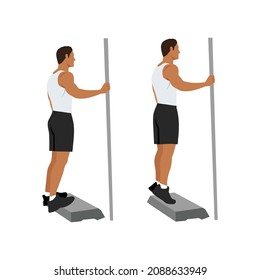 Exercises that can be done at-home. Stand on a step so heel can drop lower than the rest of foot at the bottom of the movement. with Calf raises posture.