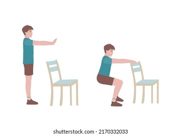 Exercises that can be done at-home using a sturdy chair.
The squat is a compound, multi-joint movement that works the quads, hamstrings, glutes, and lower-back muscles.  with Modified Squats posture.