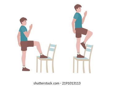 Exercises that can be done at-home using a sturdy chair.
stepping onto the bench with your right foot. without putting your weight onto your left foot with Step up posture.  Vector Illustration