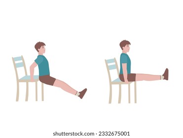 Exercises that can be done at-home using a sturdy chair.
Legs up until they are parallel with the ground. You need to keep legs as straight as possible. with Leg-Raise posture. Cartoon style.