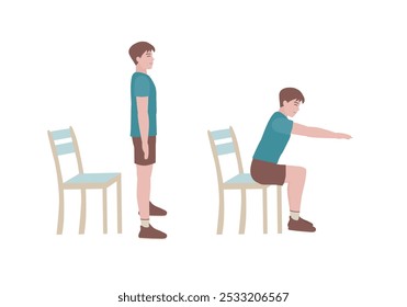 Exercícios que podem ser feitos em casa usando uma cadeira resistente.
Estenda os braços na frente e nivelar com os ombros. Desacelerar a flexão nos quadris e descer para sentar na cadeira. com postura de cadeira Squats. 