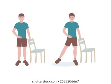 Ejercicios que se pueden hacer en casa usando una silla robusta.
Párese junto a una silla Levante una pierna y mantenga la otra y manténgala en esa posición durante 5-10 segundos con Side Leg Raise. Estilo de dibujos animados.