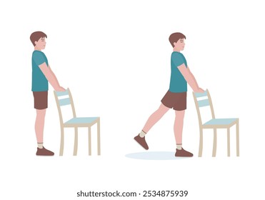 Exercícios que podem ser feitos em casa usando uma cadeira resistente.
com a postura de Back Kicks. Ilustração em estilo cartoon.