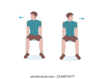 Exercícios que podem ser feitos em casa usando uma cadeira resistente. Mantendo-se nesta posição, gire a cabeça para a esquerda ou para a direita até sentir um ligeiro alongamento. Estilo de desenho animado.	