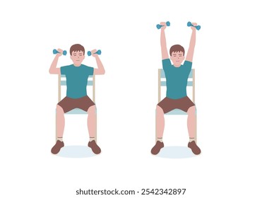 Exercises that can be done at-home using a sturdy chair.
With dumbbells, Extend the arms up, reaching above the head until they’re fully extended. with Seated Shoulder Press posture. cartoon style.