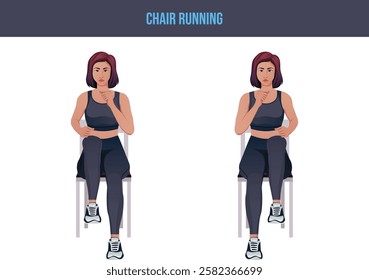 Exercises that can be done at-home using a sturdy chair.chair running.Flat vector illustration isolated on white background.