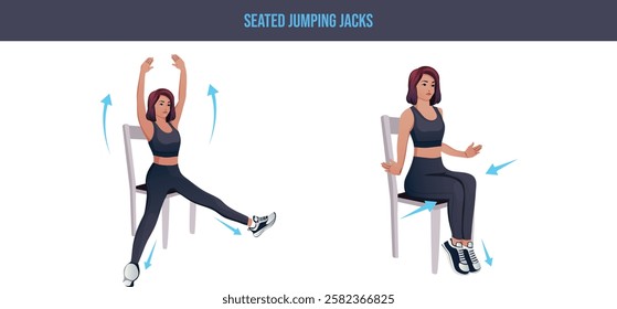 Exercises that can be done at-home using a sturdy chair.Seated Jumping Jacks.Flat vector illustration isolated on white background.