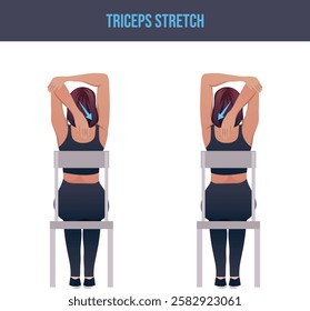 Exercises that can be done at-home using a sturdy chair.chair exercise,Triceps Stretch.Flat vector illustration isolated on white background.